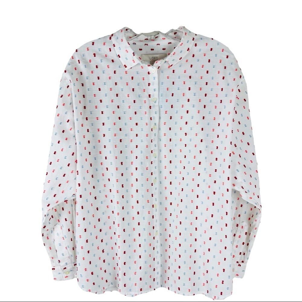 NWT Loft white blue pink dot coastal lightweight button front shirt top LP - Picture 1 of 7
